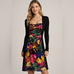 Elegant Black and Floral Long Sleeve Dress